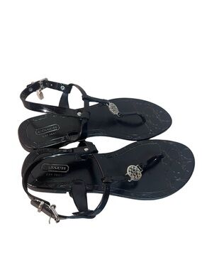 Coach Pansy Jelly Black Patent Leather T-Strap Logo Medallion Sandals